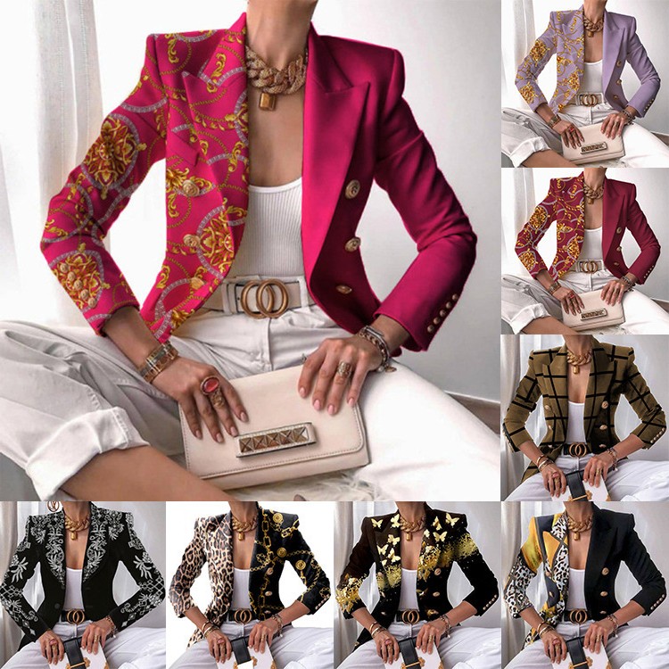 欧美新款女装外套秋冬季印花小西装修身时尚短款双排扣上衣女