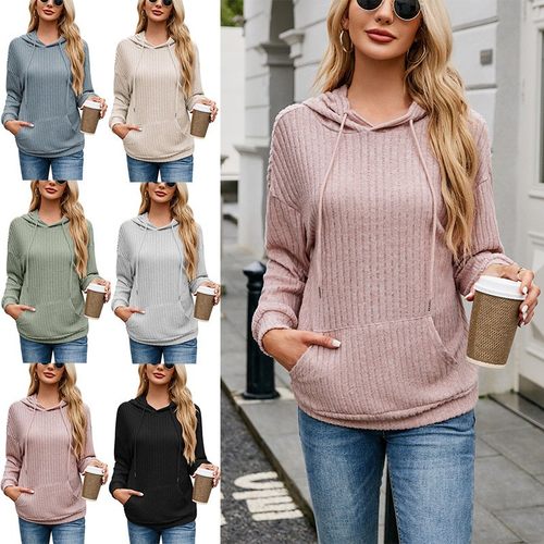 秋季新款跨境欧美女装亚马逊针织衫连帽坑条袋鼠口袋卫衣