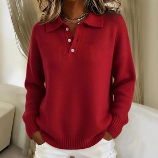 长袖 翻领衫 纽扣毛 宽松慵懒风软糯软女式 现货欧美跨境秋冬新款