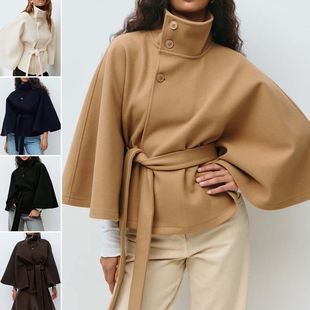 亚马逊跨境时尚 新款 纯色斗篷立领纽扣腰带风衣外套 秋冬季 欧美女装