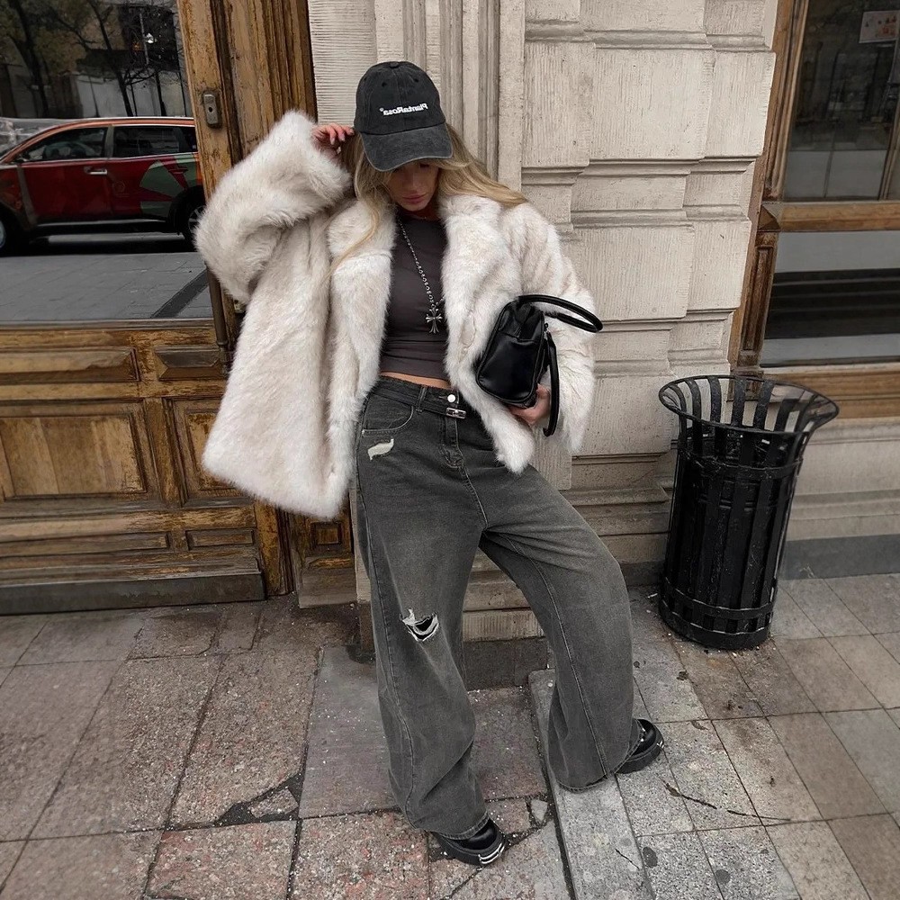 人造毛皮大衣翻领时尚保暖女服装秋冬仿皮草外套厂家