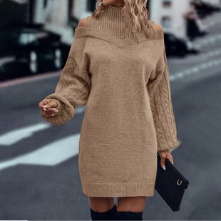 针织衫 半高领长袖 上衣女 毛衣女秋冬新款 欧美露肩宽松套头长款