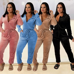 宽松女士连体裤 运动休闲天鹅绒长袖 亚马逊时尚 跨境秋冬新品