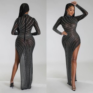 不规则连衣裙 性感网纱烫钻长袖 跨境秋冬新品 亚马逊欧美女装