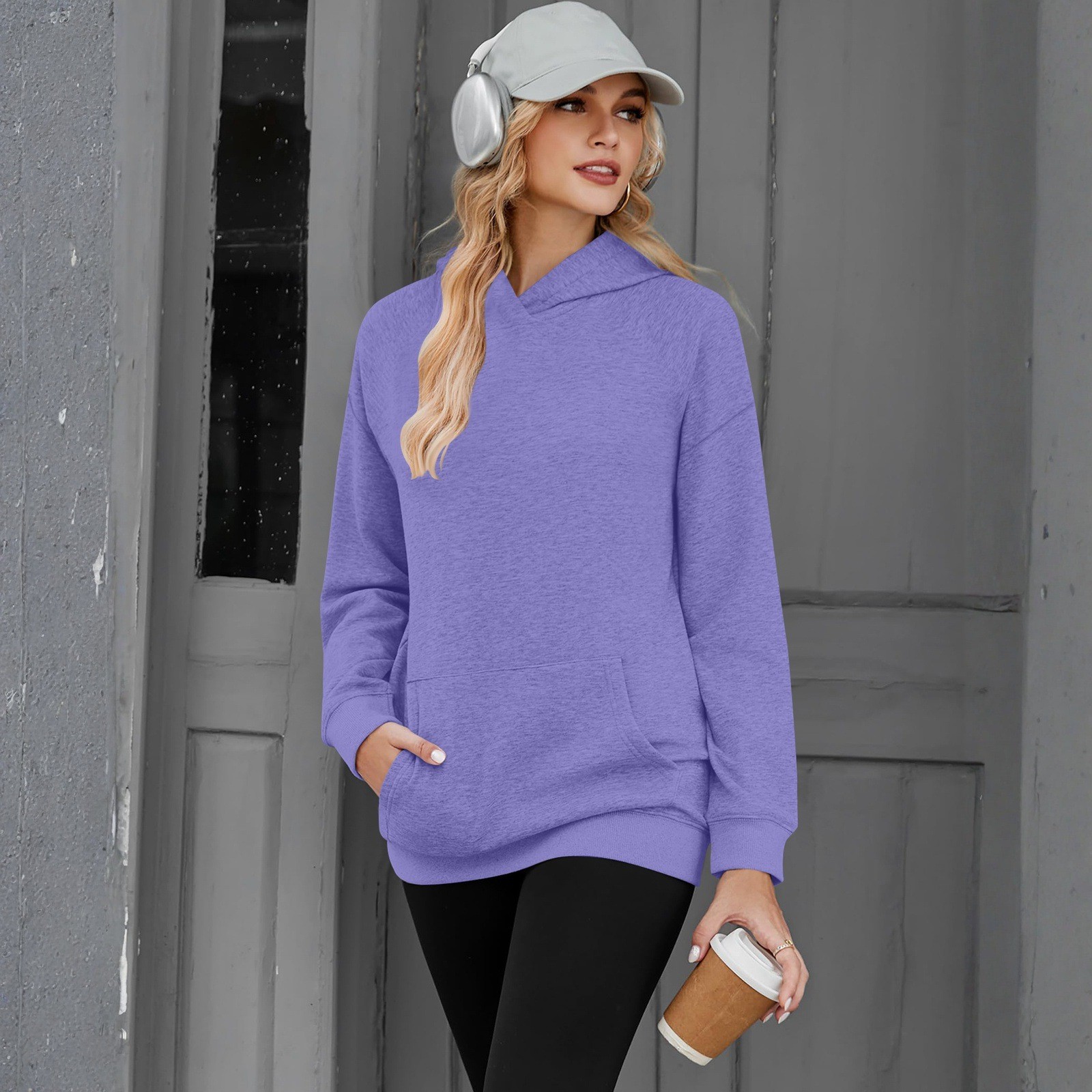 亚马逊国际站秋冬抓绒宽松休闲落肩袖连帽卫衣女纯色长袖套头衫