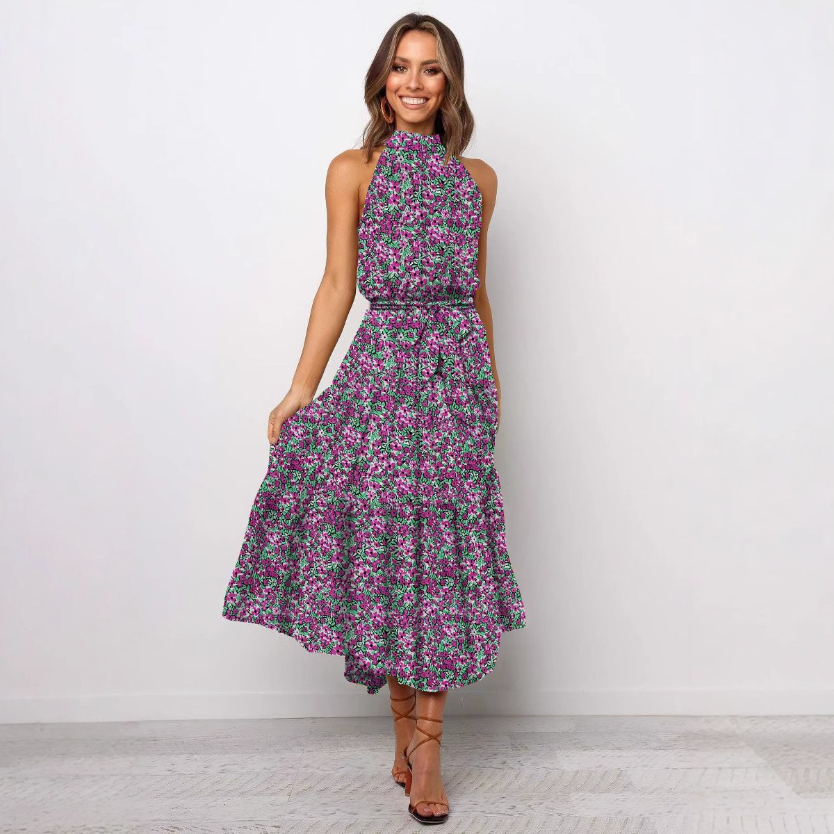 欧美跨境亚马逊女装长裙外贸爆款新款挂脖波点印花系带连衣裙