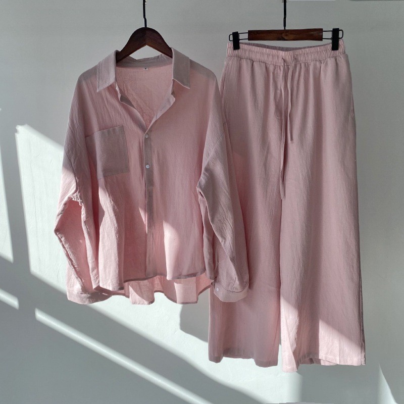 跨境亚马逊女士件套复古加大码棉麻衬衫套装高腰宽松长裤