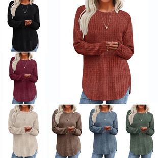 宽松圆领高低弧形下摆上衣女 新款 亚马逊欧美外贸跨境女装 秋季