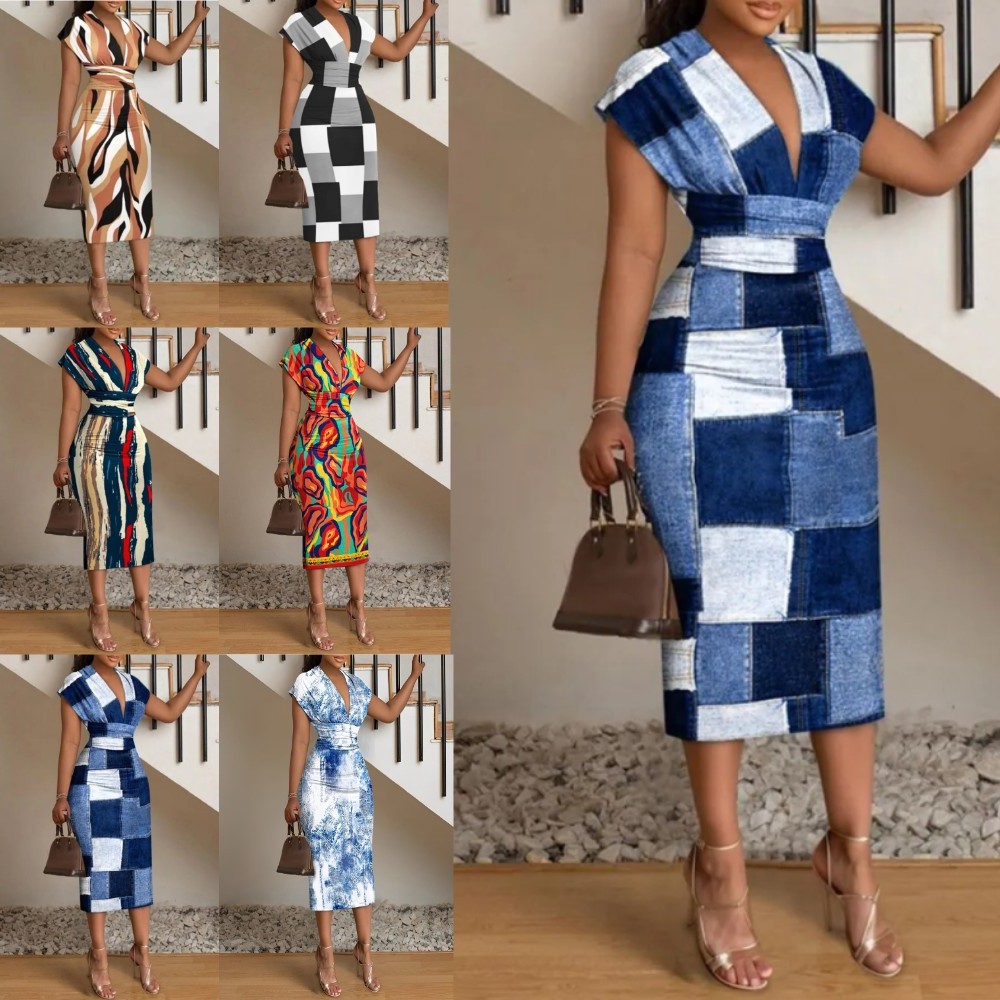 独立站亚马逊爆款 春夏新款简约领包臀印花连衣裙女装