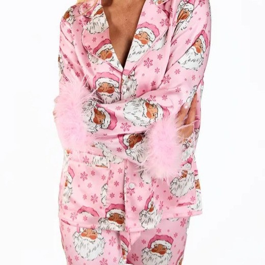 亚马逊独立站跨境爆品女士缎面印花圣诞老人休闲套装睡衣