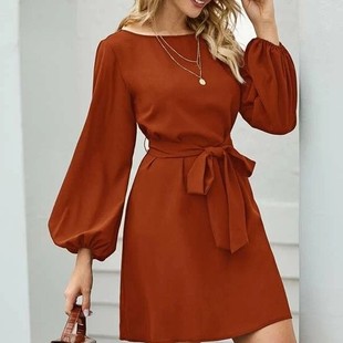 纯色气质通勤显瘦套头高腰连衣裙 长款 女 内搭中长款 欧美新款