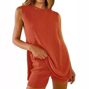 跨境夏季 套装 女装 欧美针织衫 休闲毛衣两件套女 爆款 宽松无袖 针织衫