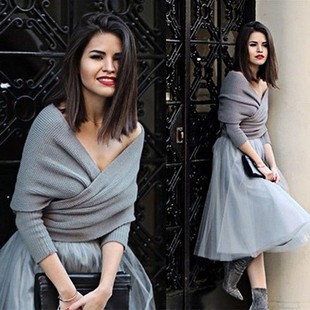 年秋冬新款 型交叉一字领露肩针织性感套头毛衣围巾