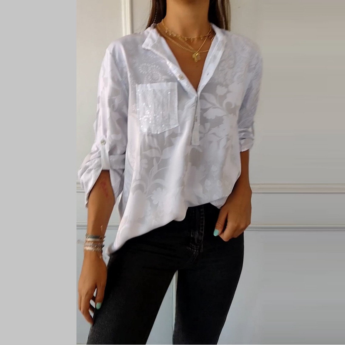 亚马逊跨境夏季新款欧美女装时尚高端气质优雅印花衬衫上衣