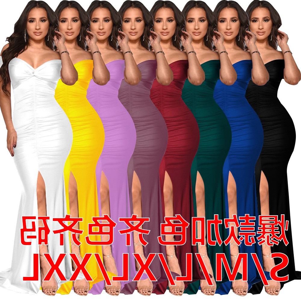 欧美跨境女装亚马逊春夏领一字肩包臀礼服褶皱开叉长裙