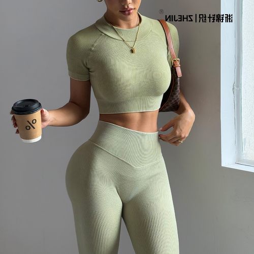 欧美跨境外贸女装无缝瑜伽套装健身瑜伽服短袖运动提臀瑜伽长裤