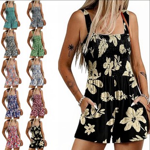 宽松短裤 跨境爆款 休闲缩褶连身衣方领无袖 夏季 海滩度假服 女式