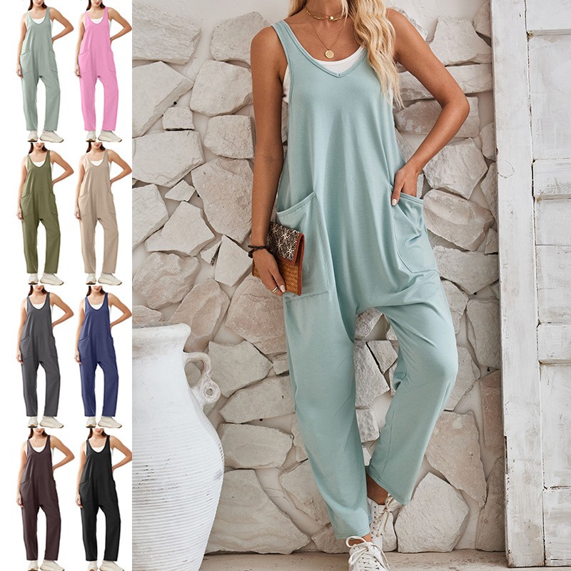 欧美女装夏季新款亚马逊休闲背心口袋针织连体长裤背带长裤女