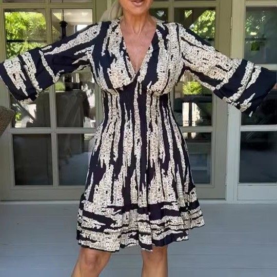 跨境新款外贸亚马逊收腰喇叭袖领连衣裙夏季女装印花中长裙,个性定制/设计服务/DIY,连衣裙加工定制,淘宝优惠券,粉丝福利购,淘宝优惠卷