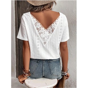 亚马逊露背恤洞洞镂空短袖 跨境欧美女装 休闲上衣 新款 夏季