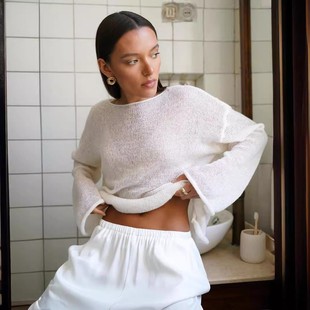 大圆领喇叭袖 女透视薄款 针织恤 欧美春夏新款 跨境镂空针织衫