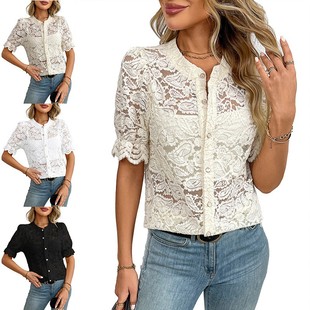 纽扣衬衫 新款 子休闲衬衫 蕾丝短袖 欧美跨境亚马逊外贸女士夏季