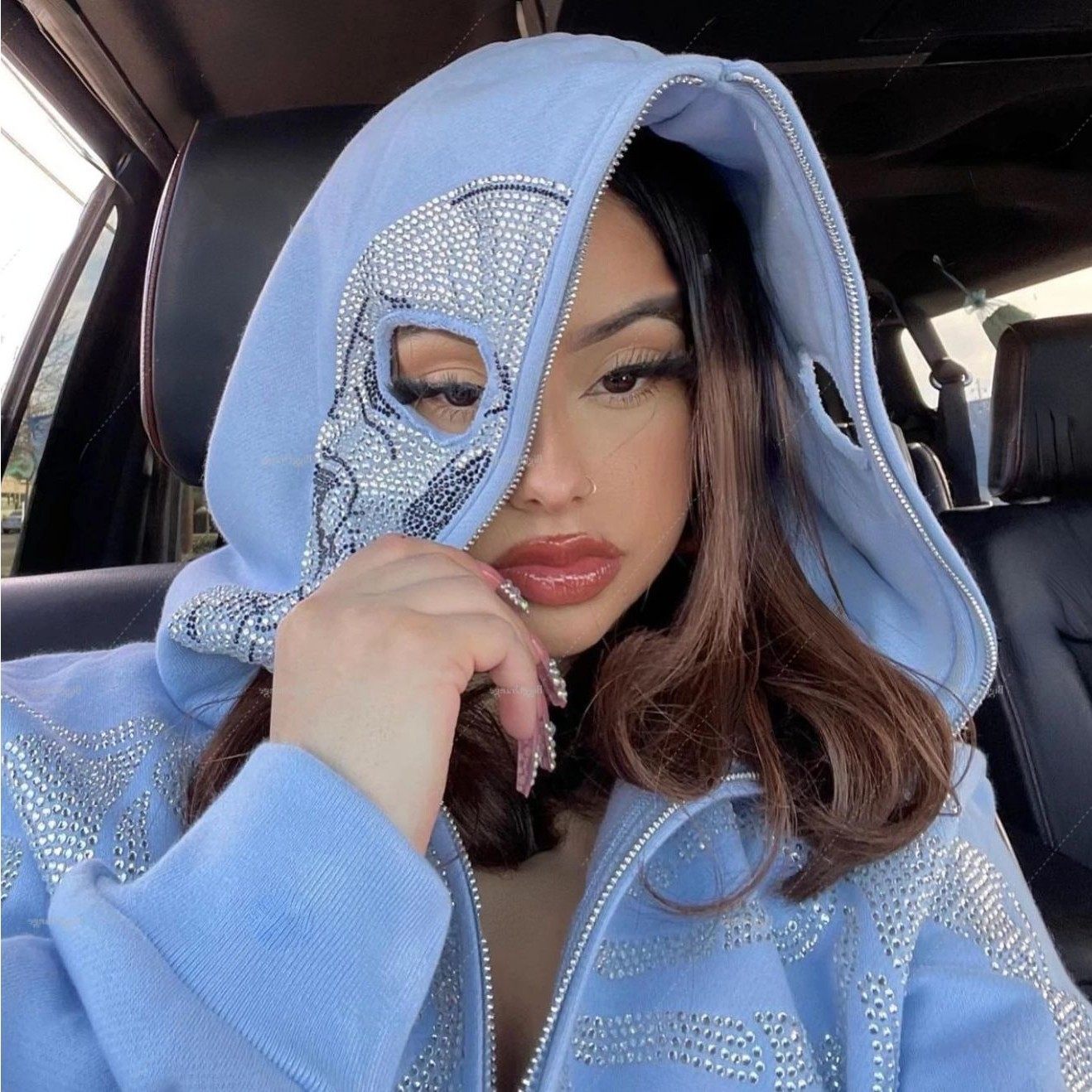 速卖通新款 女士街头连帽衫骷髅水钻拉链连帽卫衣,个性定制/设计服务/DIY,连衣裙加工定制,淘宝优惠券,粉丝福利购,淘宝优惠卷