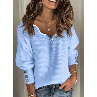 亚马逊纯色拉链针织领宽松长 女装 欧美跨境秋冬新款 时尚