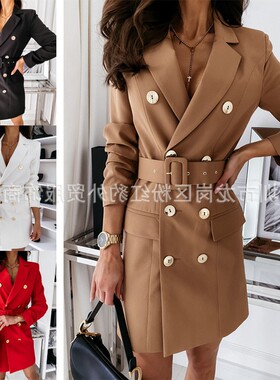 亚马逊冬季新款欧美女装时尚百搭中长款系腰西装外套