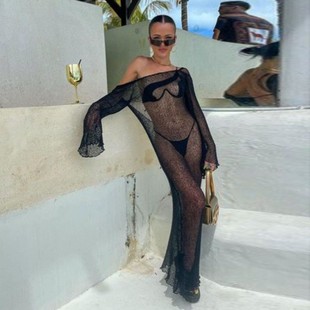 新亚马逊独立站欧美针织性感透视露背连衣裙比基尼罩衫