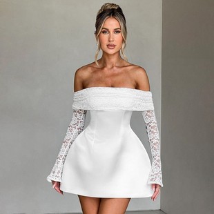 欧美女装 收腰摆连衣裙 一字领蕾丝拼接长袖