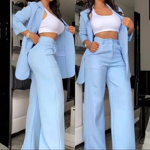 套装 跨境欧美外贸夏女装 直筒裤 翻领西装 女 气质优雅纯色开叉袖