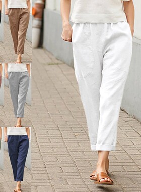 欧美外贸女装女士大口袋纯色舒适棉麻休闲裤直筒长裤女