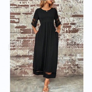 五分袖 跨境外贸新款 女装 大码 网纱圆领拼接口袋连衣裙 热卖