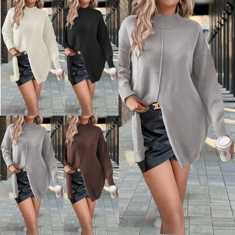 冬季亚马逊新款纯色半高领套头针织衫宽松中长款开叉女装毛衣,个性定制/设计服务/DIY,连衣裙加工定制,淘宝优惠券,粉丝福利购,淘宝优惠卷