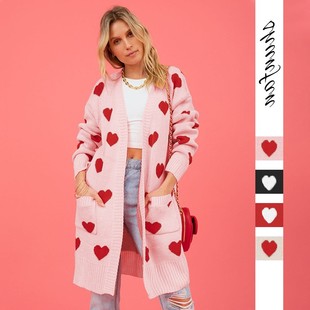 外套 爱心口袋领中长款 女 情人节爱心针织开衫 欧美亚马逊新款