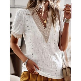 衬衫 跨境亚马逊女装 领花边宽松上衣镂空短袖