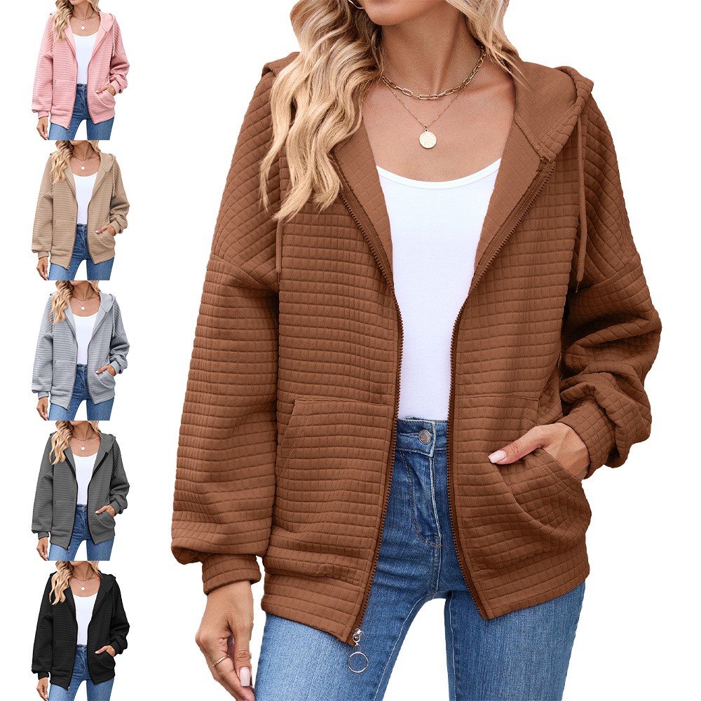 亚马逊欧美跨境外贸秋冬新款纯色拉链长袖连帽口袋卫衣外套女