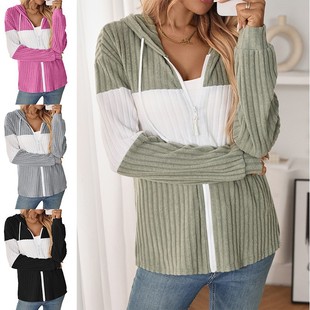 坑条拼色恤 拼接休闲长袖 欧美跨境亚马逊新品 女士拉链开衫