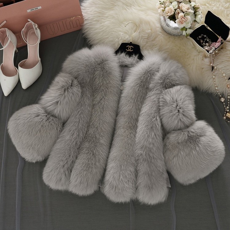 皮草欧美仿皮草女装短款修身拼接外套仿狐狸毛人造毛皮草外套现货