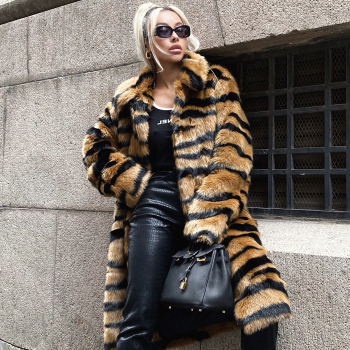 皮草仿皮草大衣仿虎纹皮草加长人造毛仿皮草外套皮草宽松大衣外套