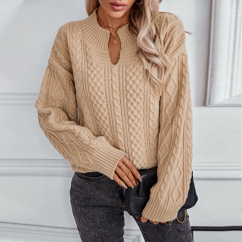 毛毛雨纯色绞花套头开襟领欧美毛衣女秋冬新款复古宽松长袖针织衫