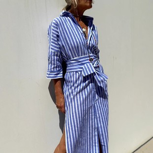 新款 连衣裙中长款 五分袖 翻领衬衫 条纹开衫 独立站亚马逊欧美女装