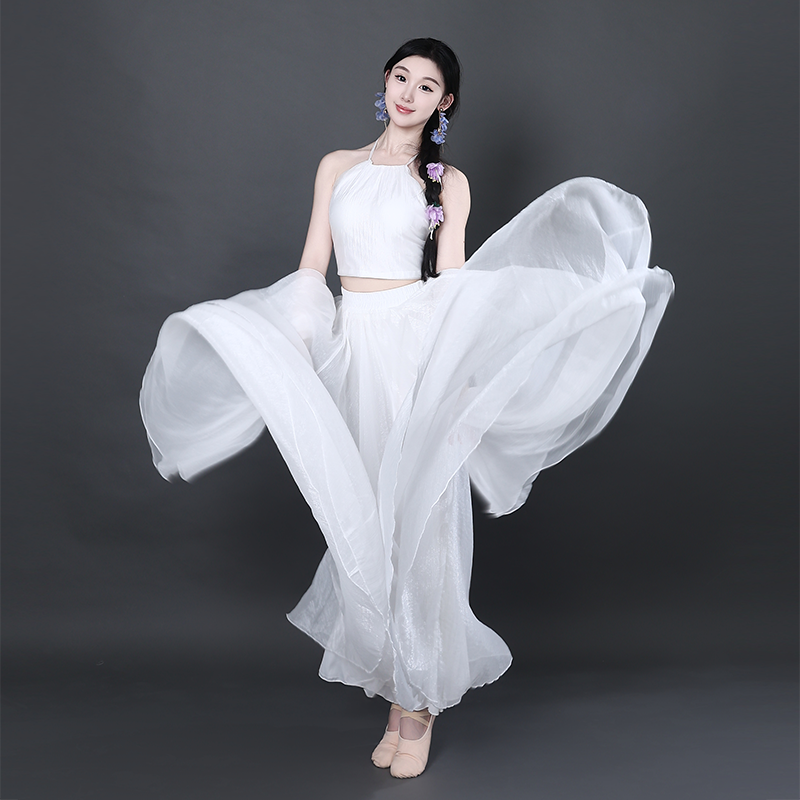 惊鸿舞蹈世界赠与我的初见珠光白色单层大摆裙古典现代舞蹈裙