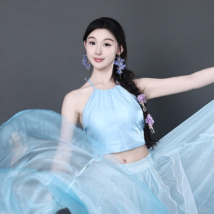 天空蓝挂脖吊带古典现代舞蹈练功服抹胸大露背肚兜腰围可自由调节