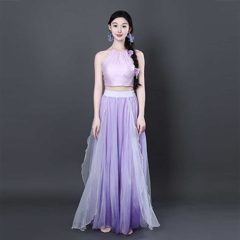 舞中花渐变仙气纱衣挂脖吊带飘逸大裙摆裙裤中国风古典现代舞蹈服