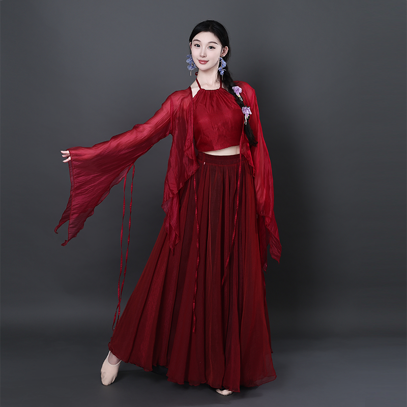 中国舞卜卦酒红色大裙摆演出服
