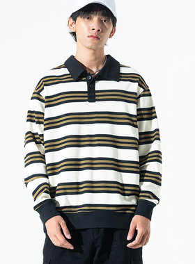 男士复古痞帅条纹翻领polo衫长袖t恤春秋款潮牌宽松大码美式卫衣