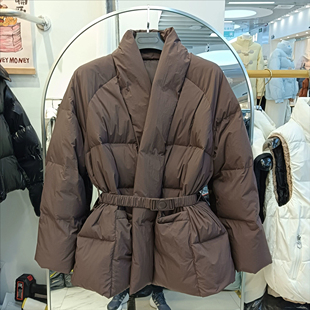 秋冬韩版宽松大码羽绒服女中长款V领腰带欧货爆款百搭外套
