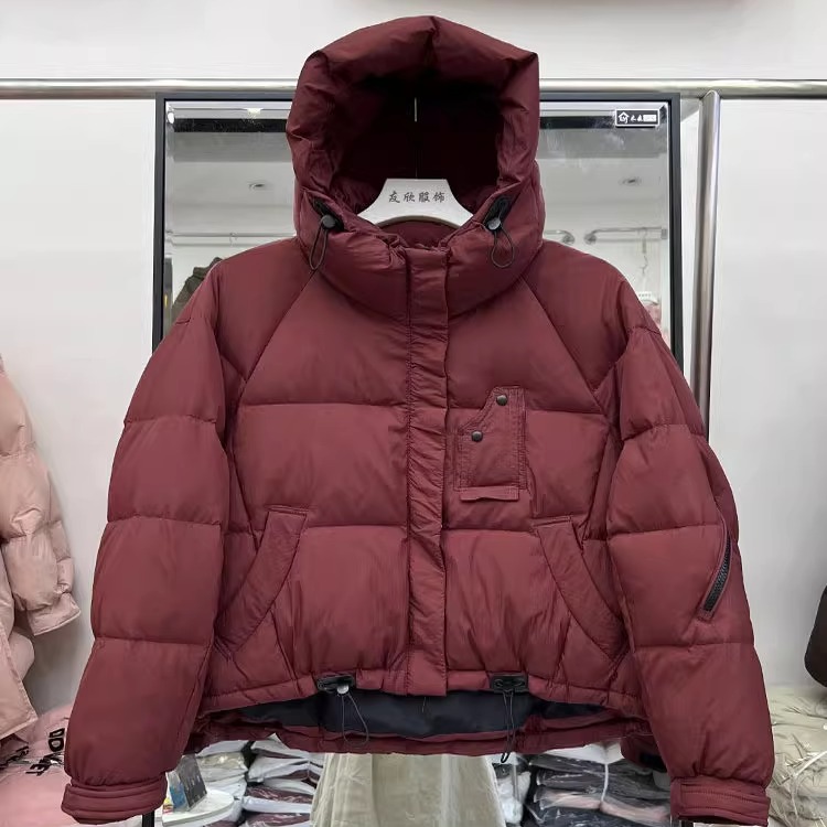 秋冬撞色拼接抽绳连帽羽绒服女短款白鸭绒加厚保暖面包服外套